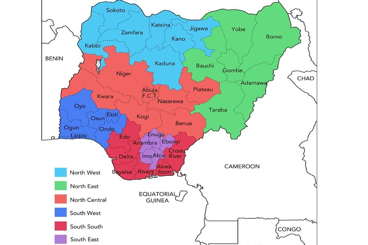 քարտեզ Նիգերիայի նշելով աշխարհաքաղաքական գոտիների