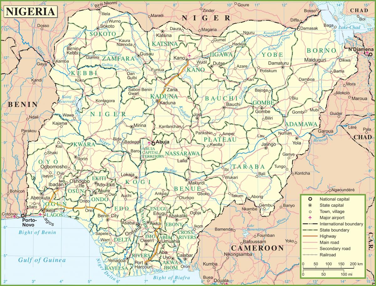 քարտեզ Նիգերիայի նշումով հիմնական ճանապարհների
