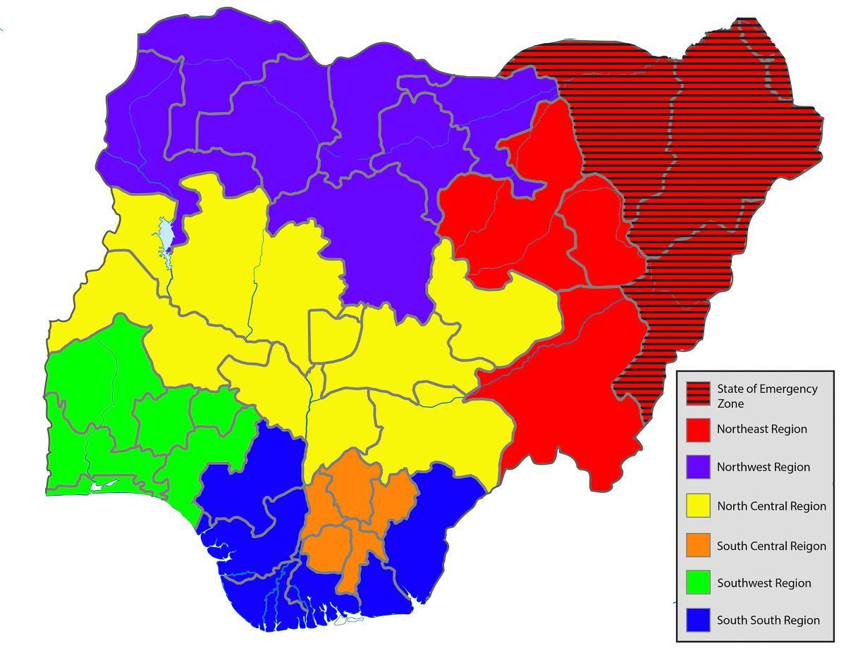 քարտեզ Նիգերիայի նշելով բոլոր պետությունների